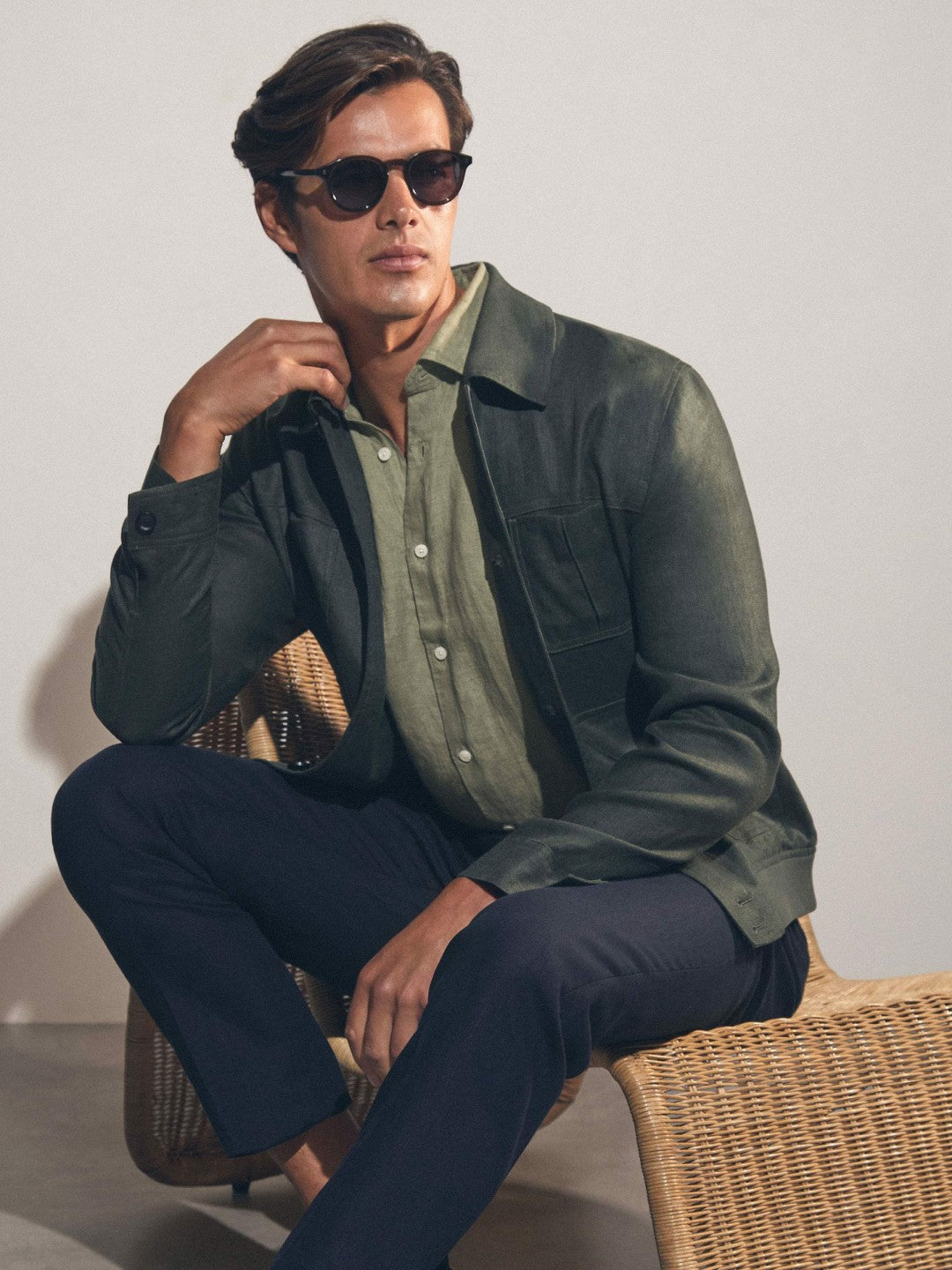 Slim Fit Linen Button-Through Shirt in Thyme Green | Reiss Men Signature