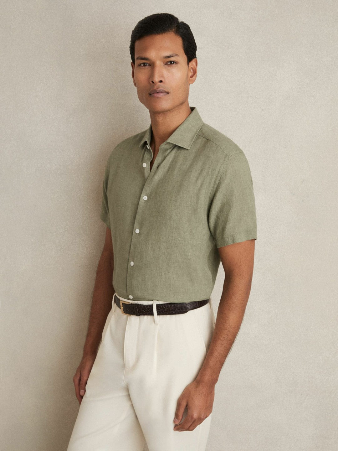 Slim Fit Linen Button-Through Shirt in Thyme Green | Reiss Men Signature