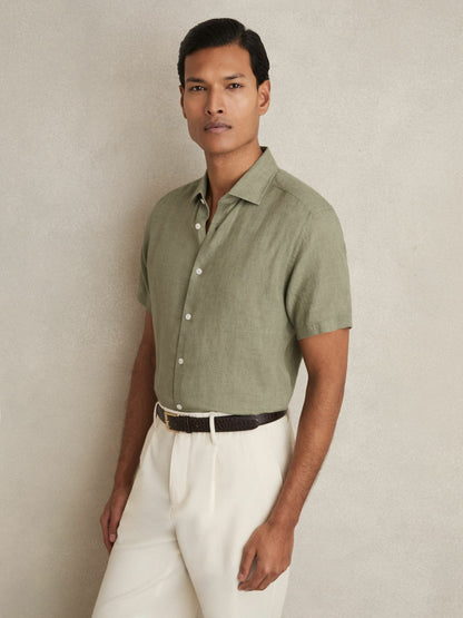 Slim Fit Linen Button-Through Shirt in Thyme Green | Reiss Men Signature