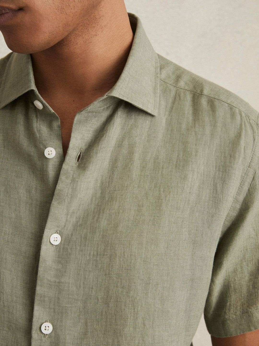 Slim Fit Linen Button-Through Shirt in Thyme Green | Reiss Men Signature