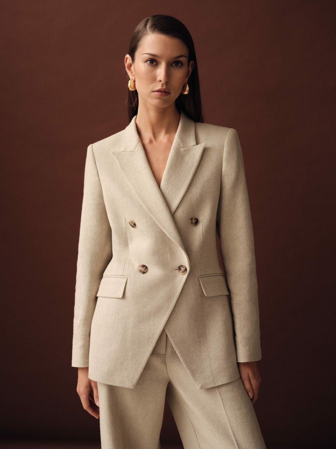 Linen-Blend Double-Breasted Suit Jacket in Neutral | Reiss Women Signature