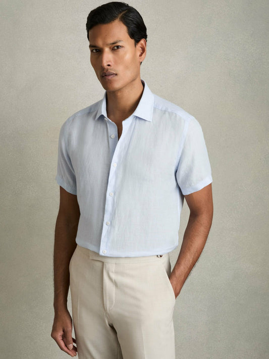 Slim Fit Linen Button-Through Shirt in Pale Blue | Reiss Men Premium