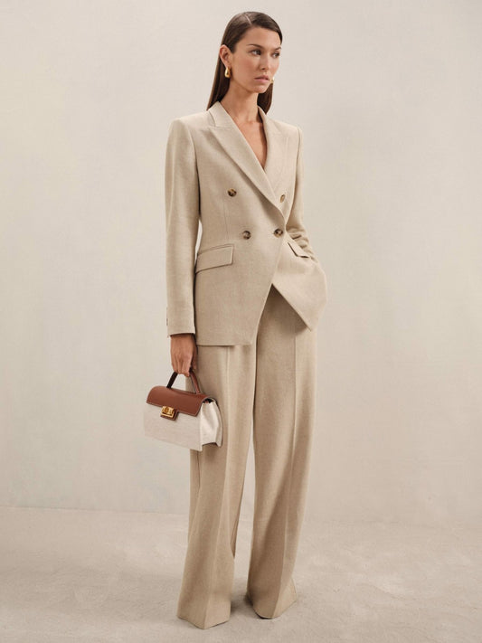 Petite Linen-Blend Double-Breasted Suit Jacket in Neutral | Reiss Women Signature