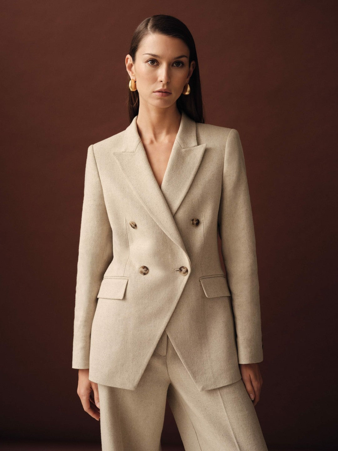 Petite Linen-Blend Double-Breasted Suit Jacket in Neutral | Reiss Women Signature