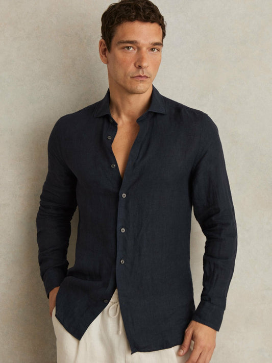 Linen Button-Through Shirt in Navy | Reiss Men Trending