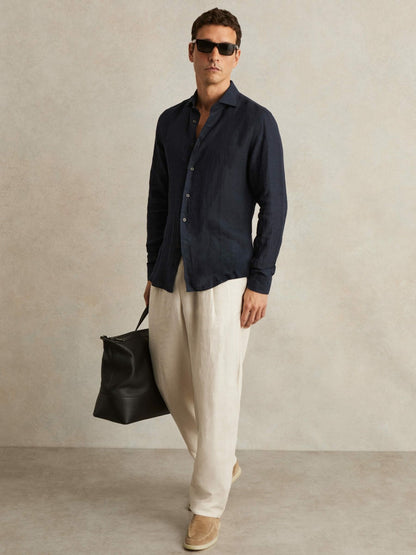 Linen Button-Through Shirt in Navy | Reiss Men Trending