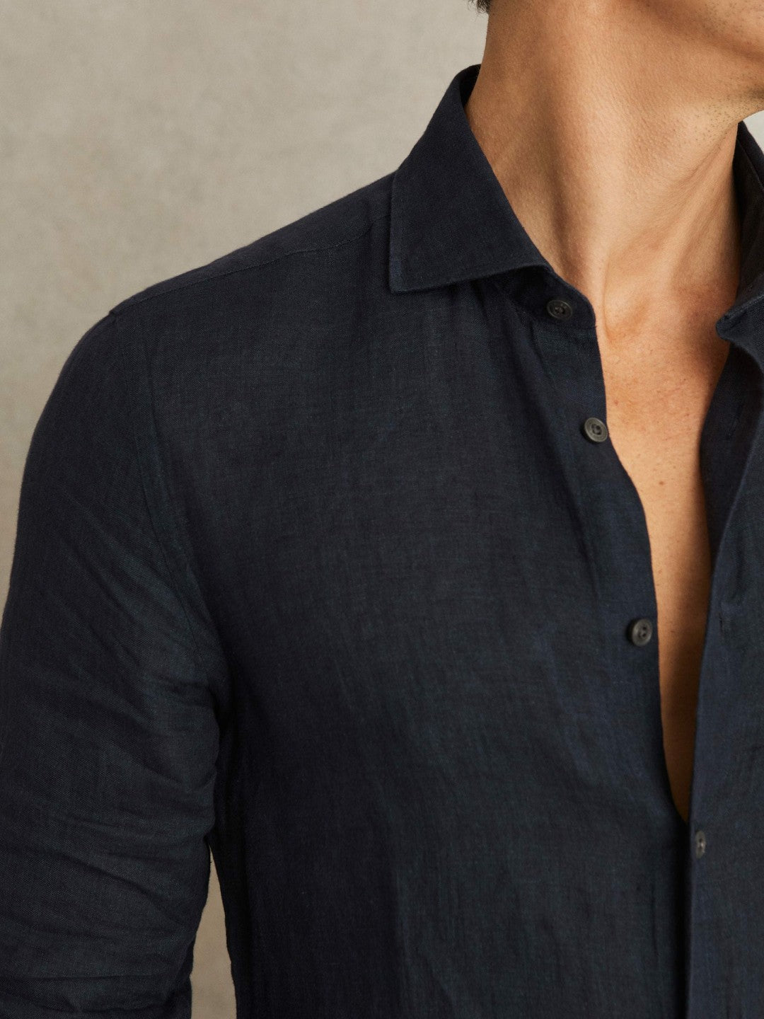 Linen Button-Through Shirt in Navy | Reiss Men Trending