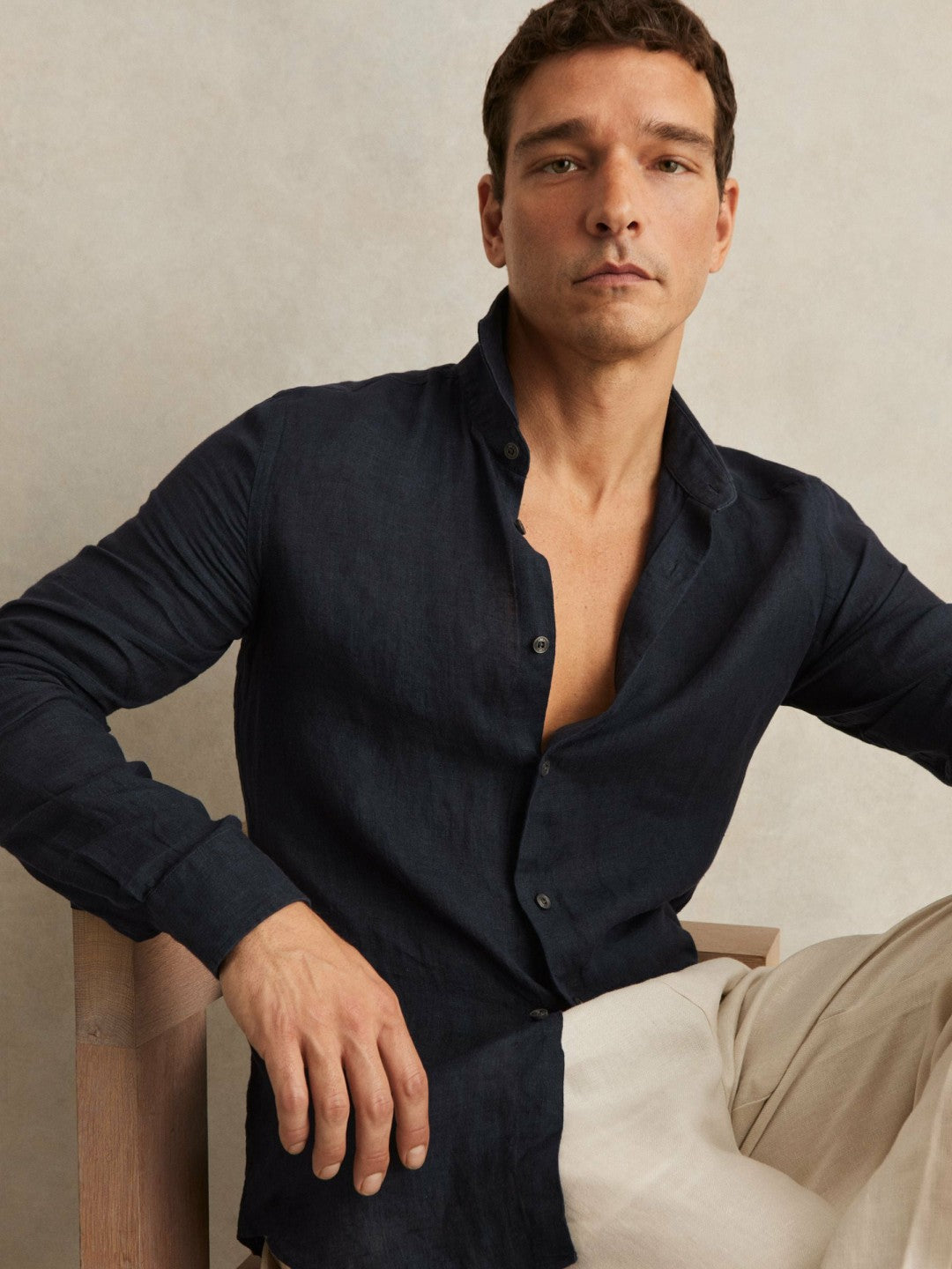 Linen Button-Through Shirt in Navy | Reiss Men Trending