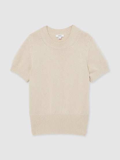 Cotton And Wool Crew-Neck Top in Neutral | Reiss Women Exclusive