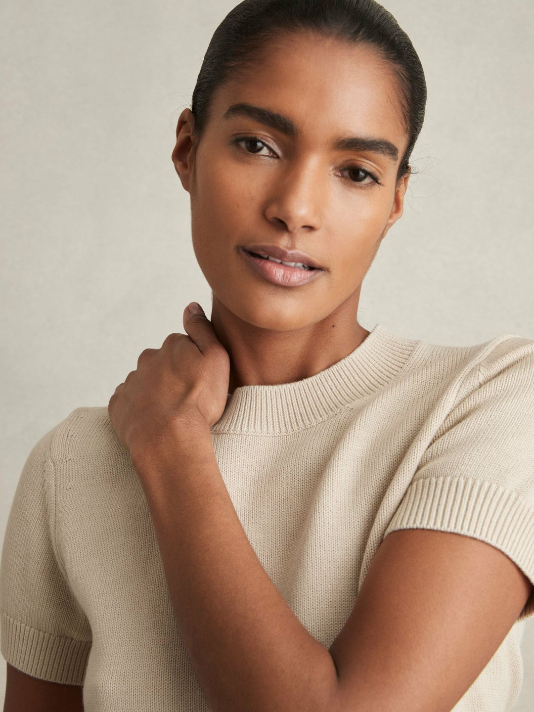 Cotton And Wool Crew-Neck Top in Neutral | Reiss Women Exclusive