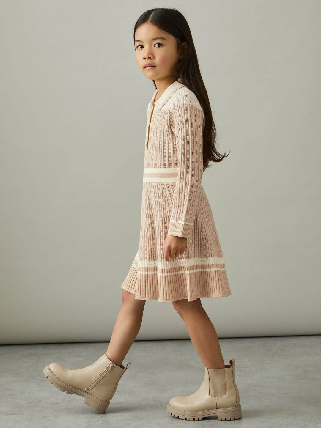 4-9 yrs Rib-Knit Pointelle Flared Dress in Pale Pink | Reiss Children & Baby Signature