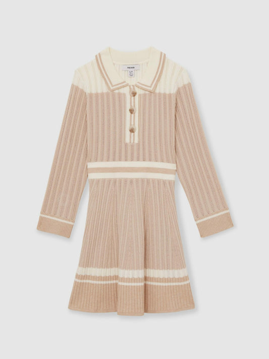 13-14 yrs Rib-Knit Pointelle Flared Dress in Pale Pink | Reiss Children & Baby New