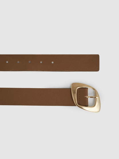 Leather Curved-Edge Buckle Belt in Taupe | Reiss Women Trending