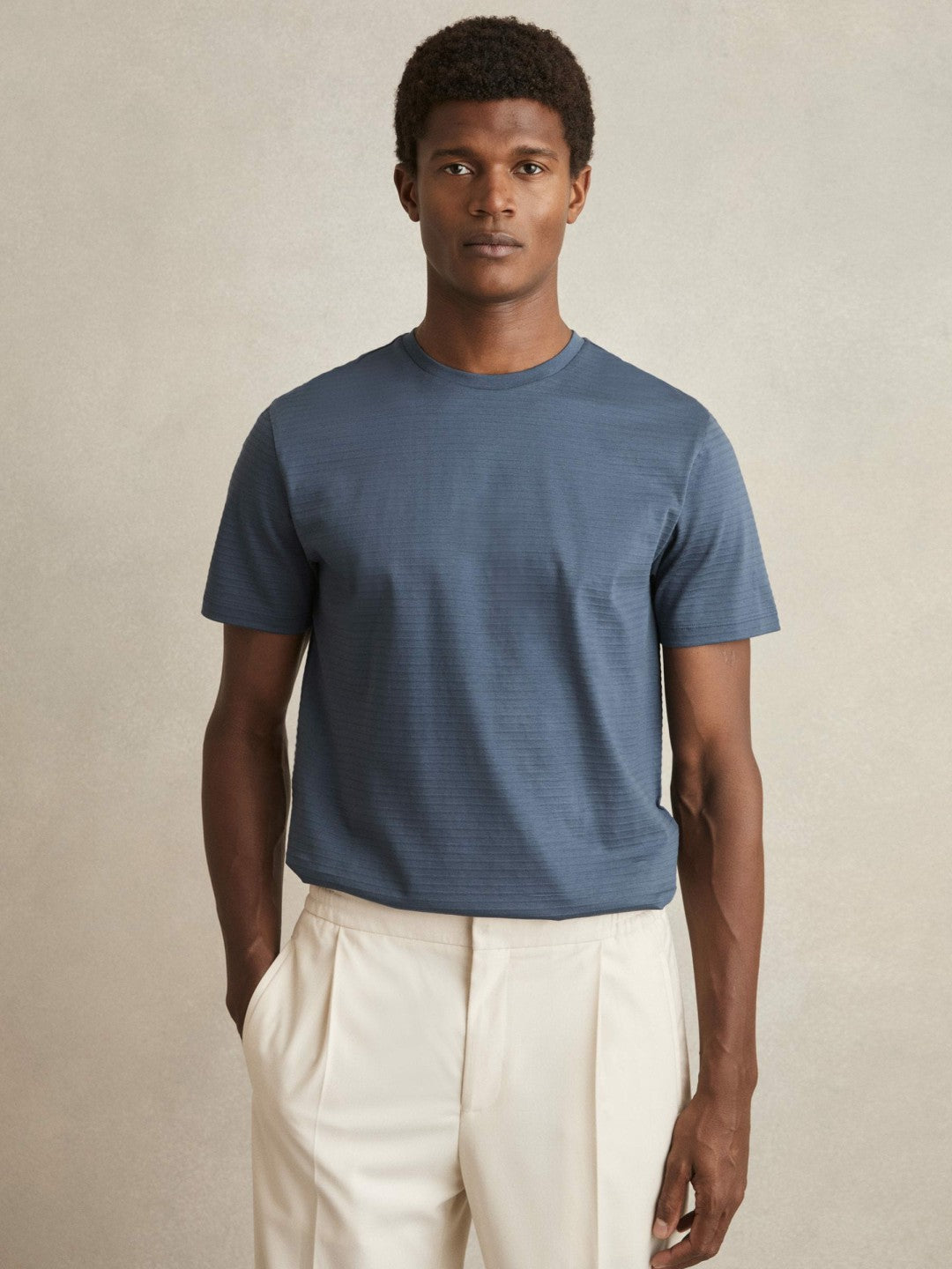 Mercerised-Cotton Ribbed T-Shirt in Airforce Blue | Reiss Men Trending