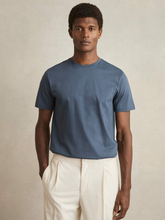 Mercerised-Cotton Ribbed T-Shirt in Airforce Blue | Reiss Men Trending