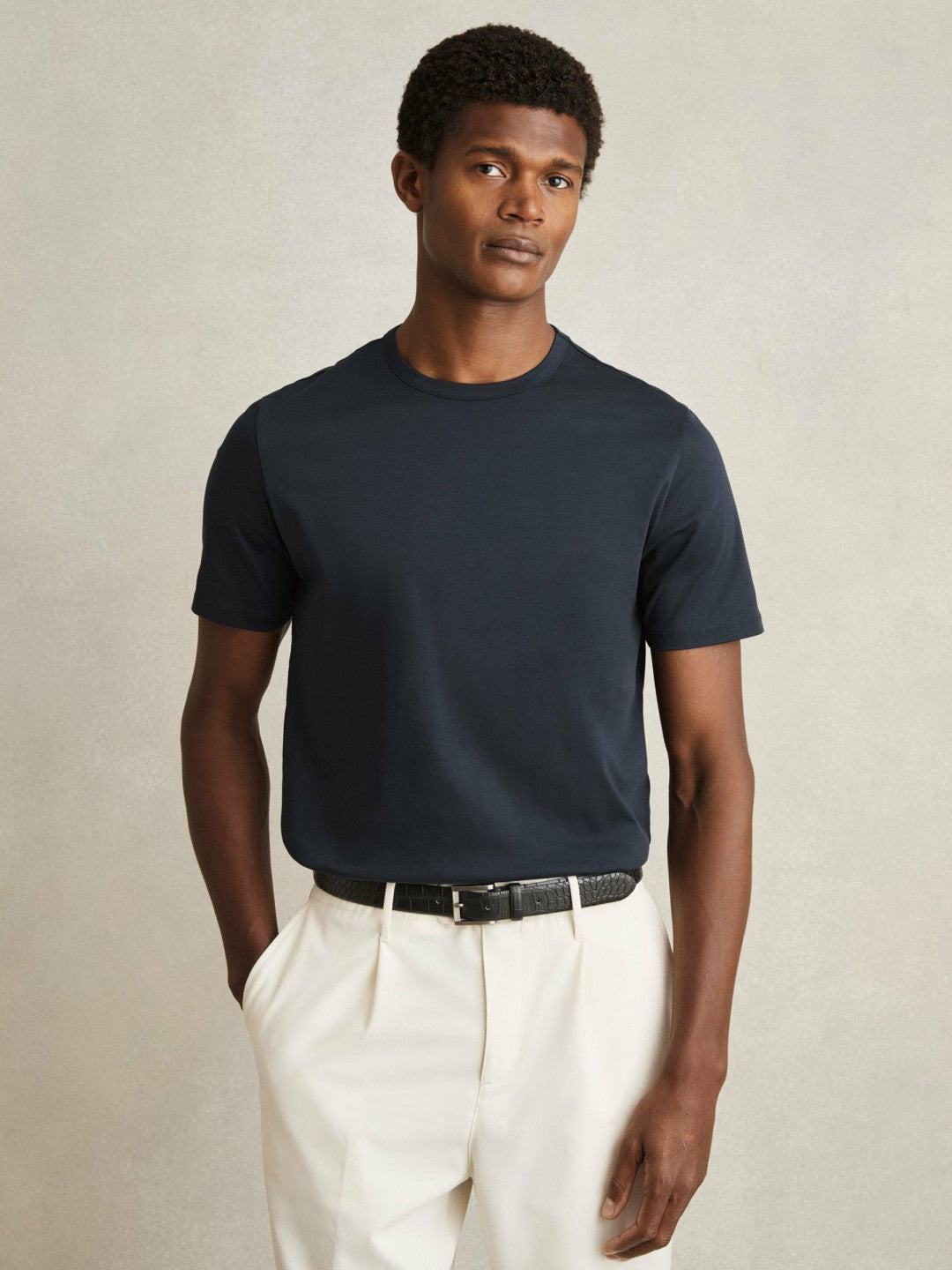 Mercerised-Cotton Crew-Neck T-Shirt in Navy | Reiss Men Featured