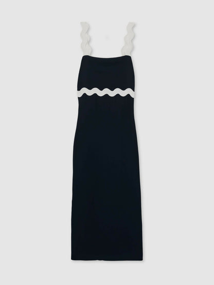 Wave-Trim Crepe Midi Dress in Navy | Reiss Women Premium