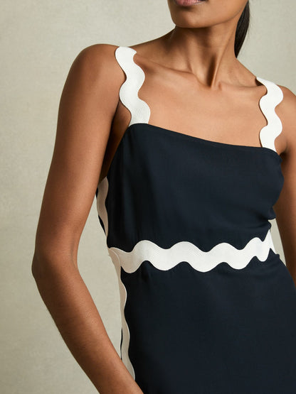 Wave-Trim Crepe Midi Dress in Navy | Reiss Women Premium