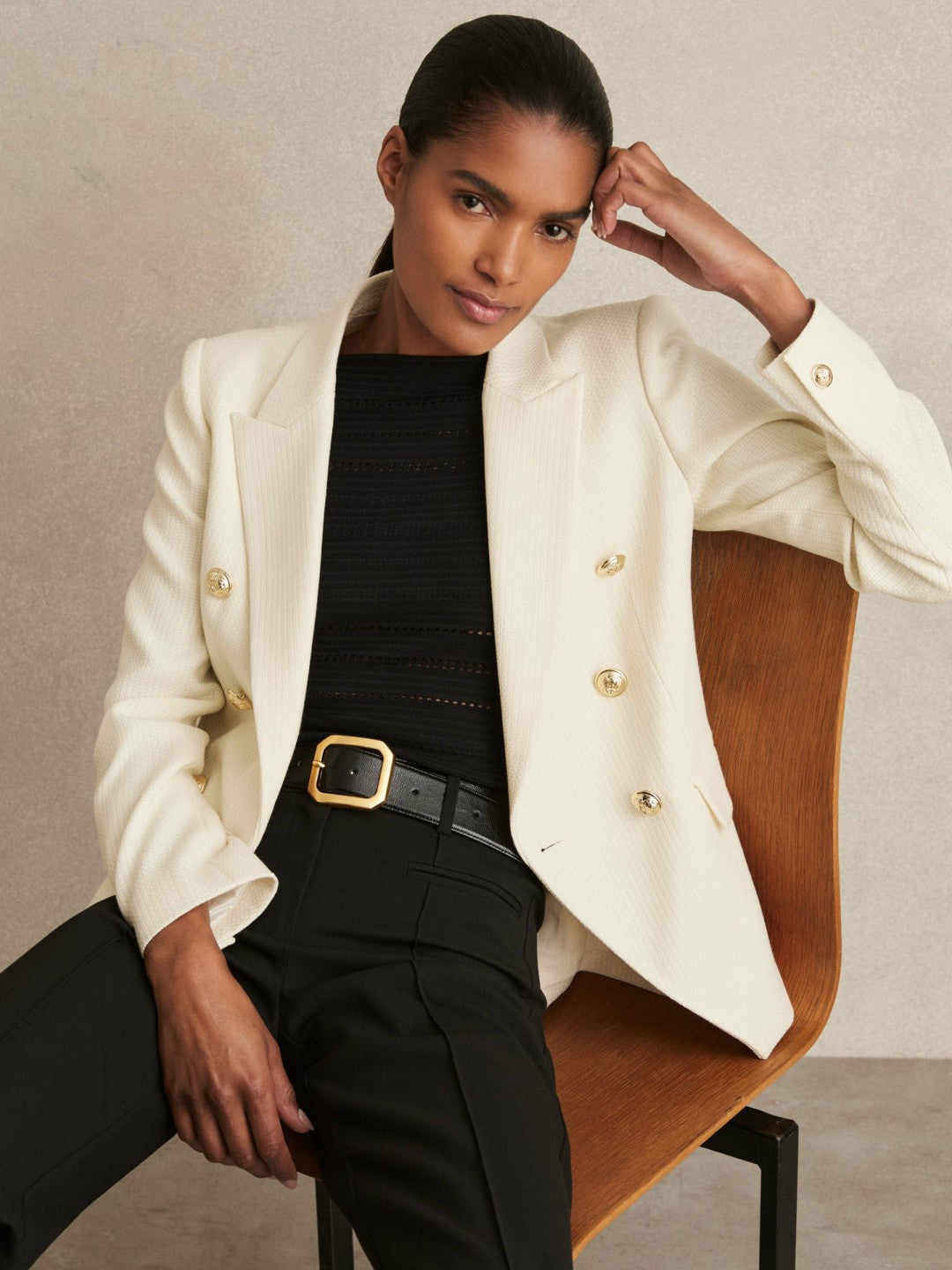 Petite Tailored Fit Textured Double Breasted Blazer in White | Reiss Women Exclusive