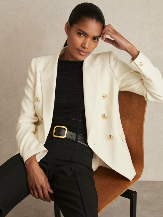 Petite Tailored Fit Textured Double Breasted Blazer in White | Reiss Women Exclusive