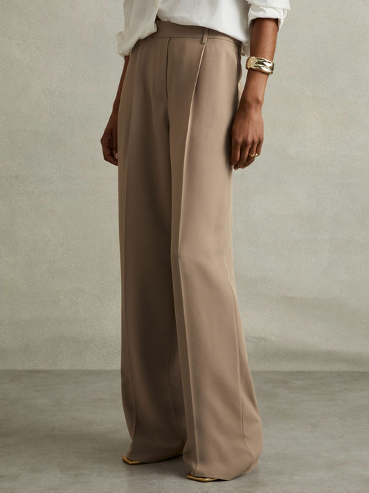 Petite Elasticated-Waist Wide-Leg Twill Trousers in Mink Neutral | Reiss Women Best Seller