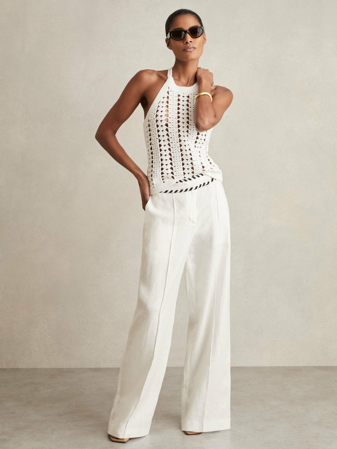 Linen Wide-Leg Whipstitch Trousers in White | Reiss Women Featured