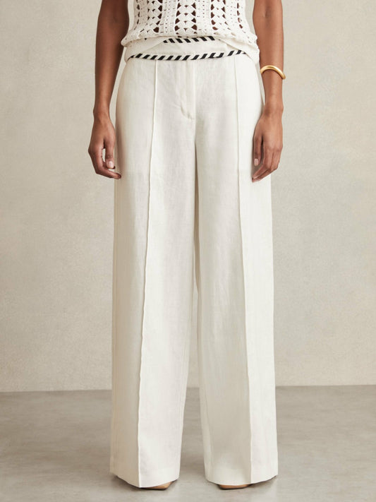 Petite Linen Wide-Leg Whipstitch Trousers in White | Reiss Women Popular