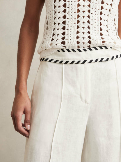 Petite Linen Wide-Leg Whipstitch Trousers in White | Reiss Women Popular