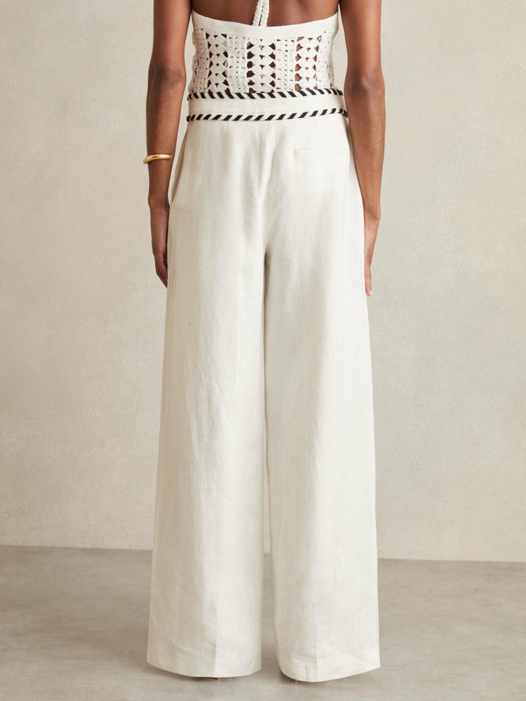 Petite Linen Wide-Leg Whipstitch Trousers in White | Reiss Women Popular