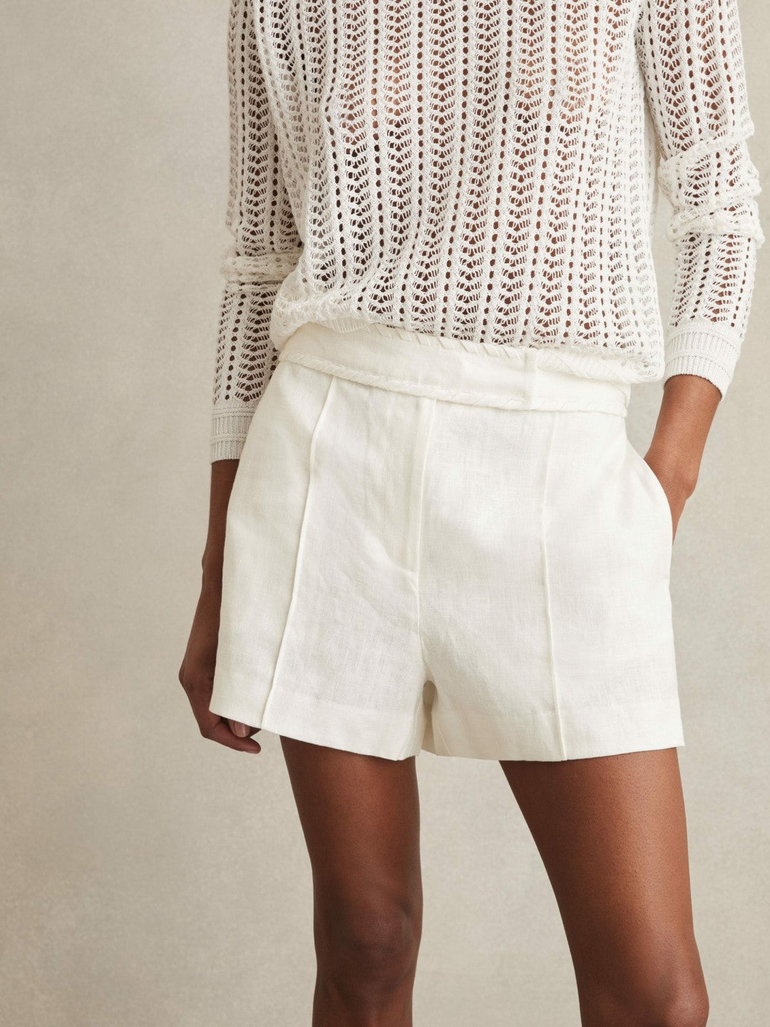 Linen Whipstitch Shorts in White | Reiss Women Exclusive