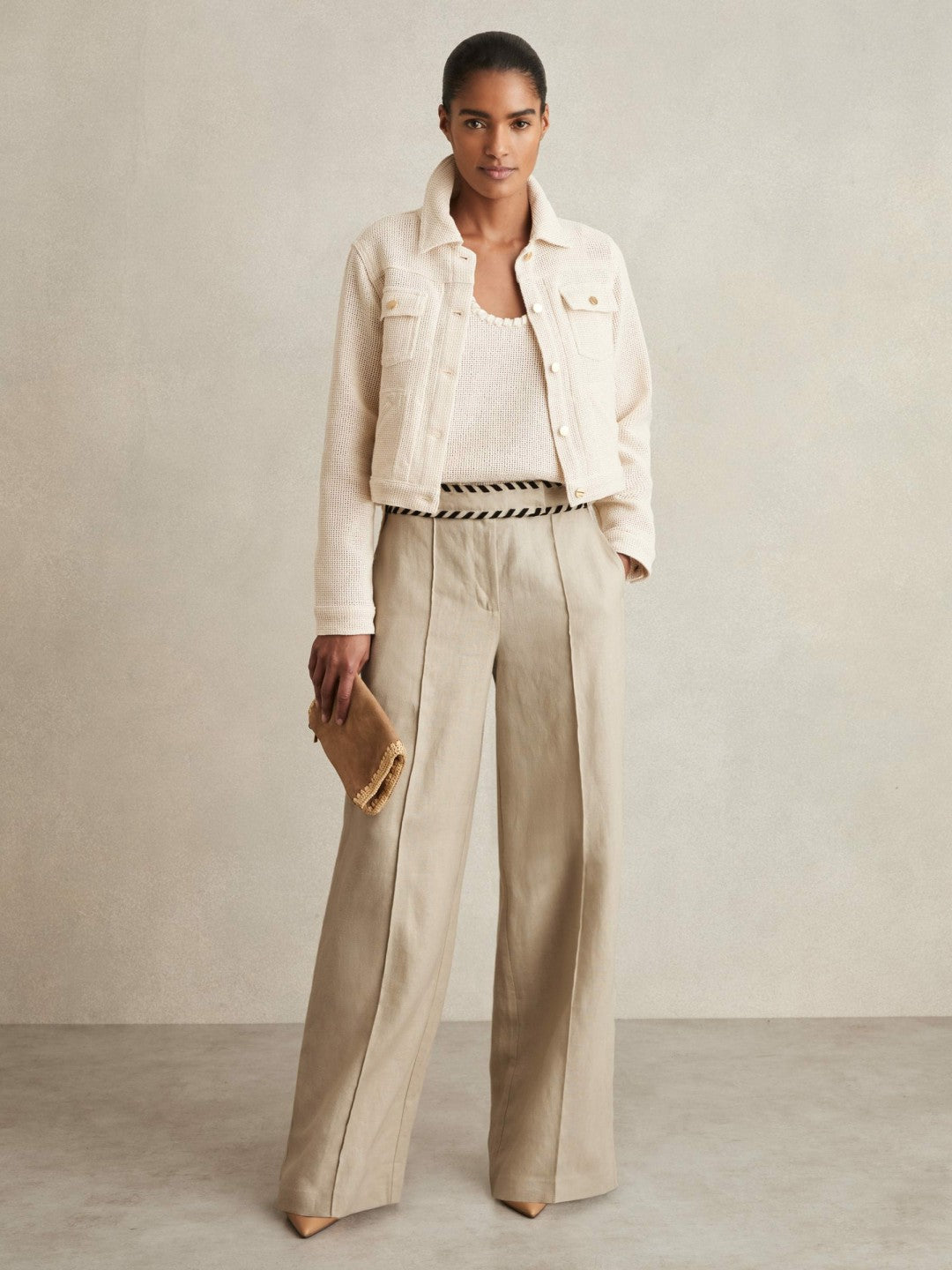 Linen Wide-Leg Whipstitch Trousers in Neutral | Reiss Women Signature