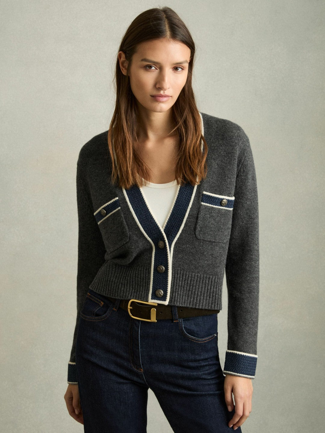 Wool-Cashmere Tipped V-Neck Cardigan in Charcoal | Reiss Women Exclusive