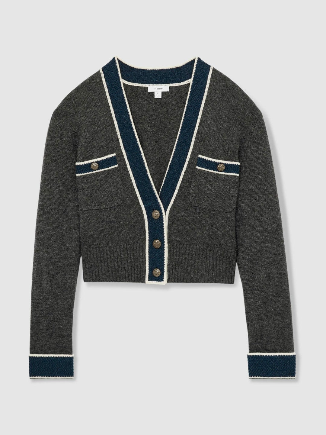 Wool-Cashmere Tipped V-Neck Cardigan in Charcoal | Reiss Women Exclusive