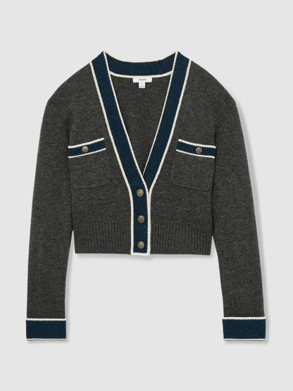 Wool-Cashmere Tipped V-Neck Cardigan in Charcoal | Reiss Women Exclusive