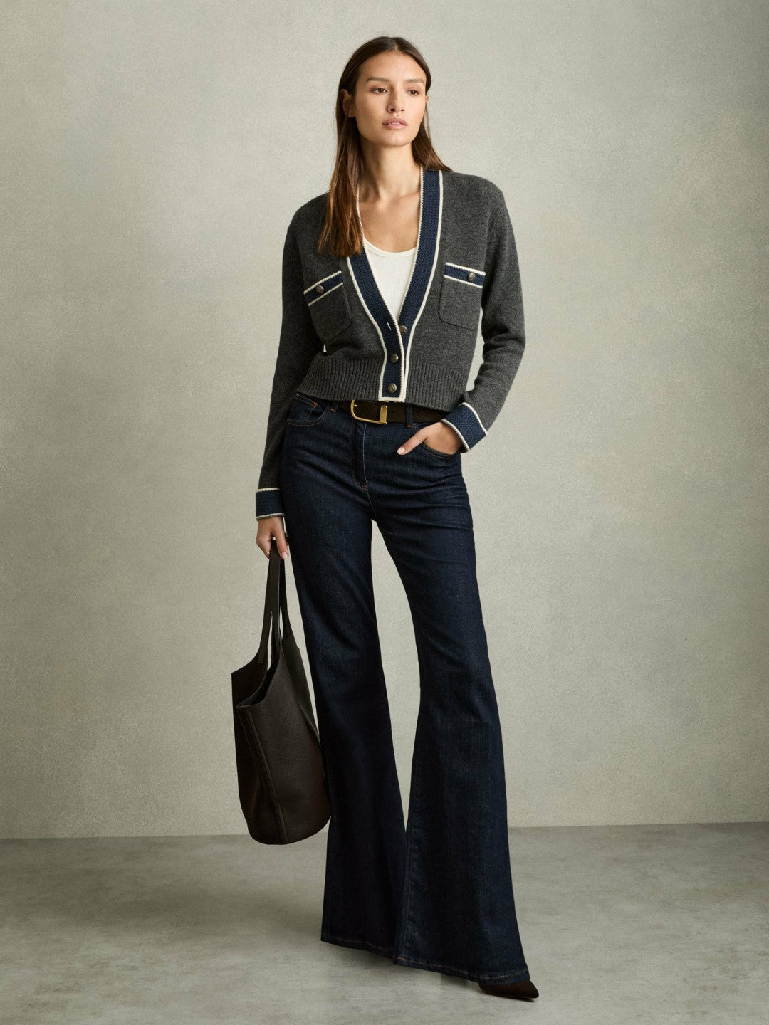 Wool-Cashmere Tipped V-Neck Cardigan in Charcoal | Reiss Women Exclusive