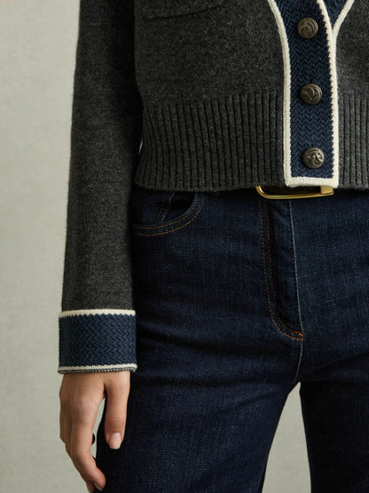 Wool-Cashmere Tipped V-Neck Cardigan in Charcoal | Reiss Women Exclusive