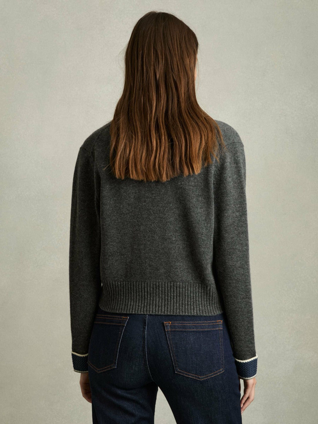 Wool-Cashmere Tipped V-Neck Cardigan in Charcoal | Reiss Women Exclusive
