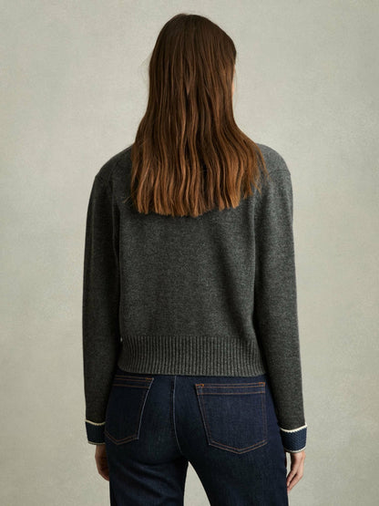 Wool-Cashmere Tipped V-Neck Cardigan in Charcoal | Reiss Women Exclusive