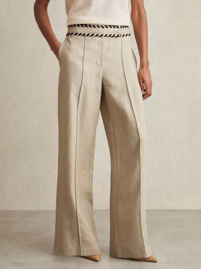 Petite Linen Wide-Leg Whipstitch Trousers in Neutral | Reiss Women Trending