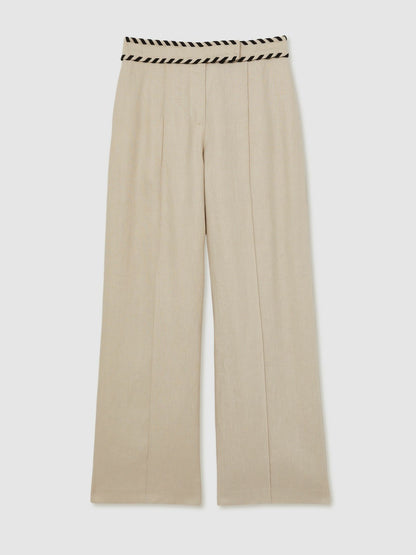 Petite Linen Wide-Leg Whipstitch Trousers in Neutral | Reiss Women Trending