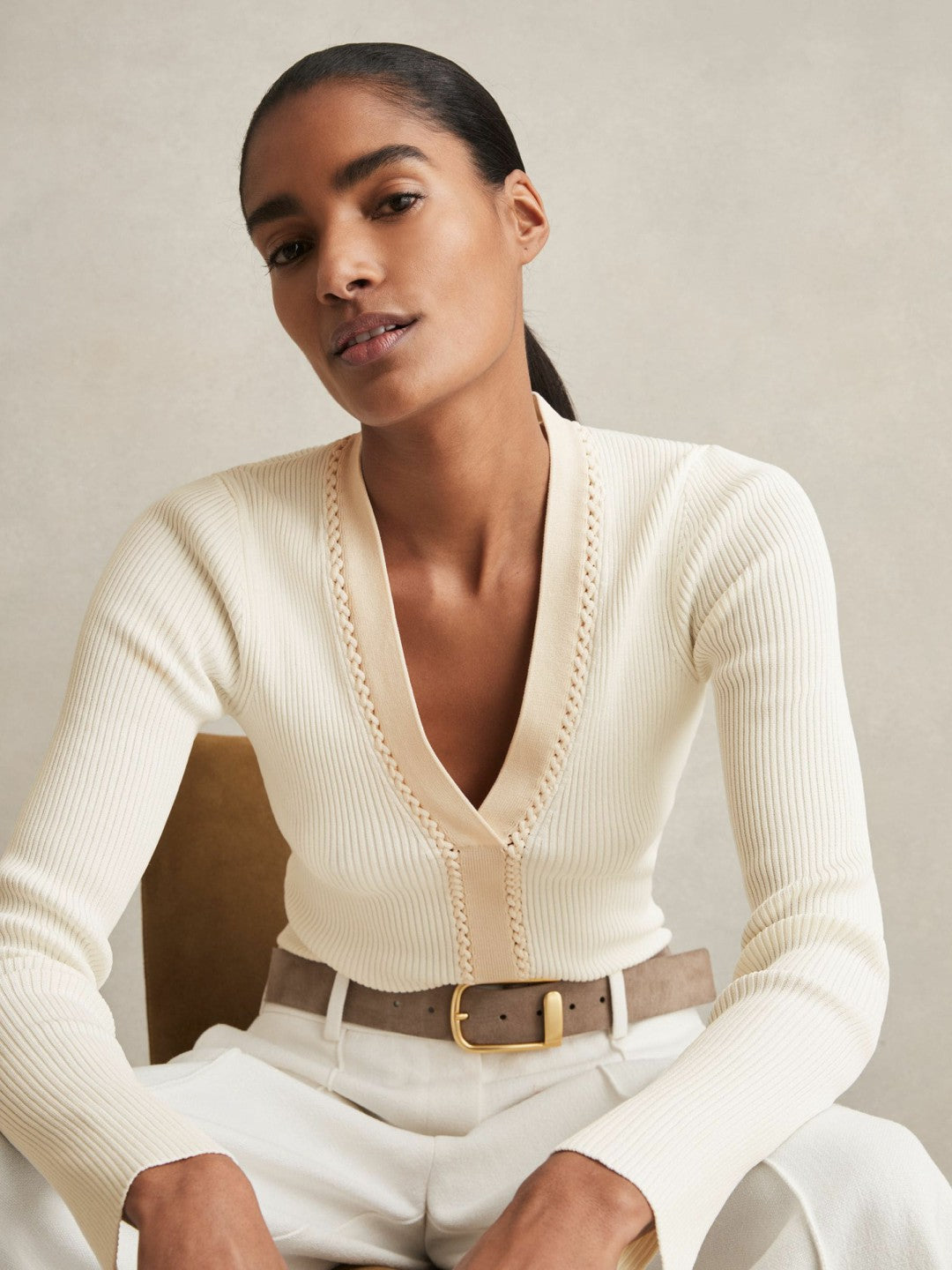 Craft-Stitch Rib-Knit Top in Ivory | Reiss Women Popular