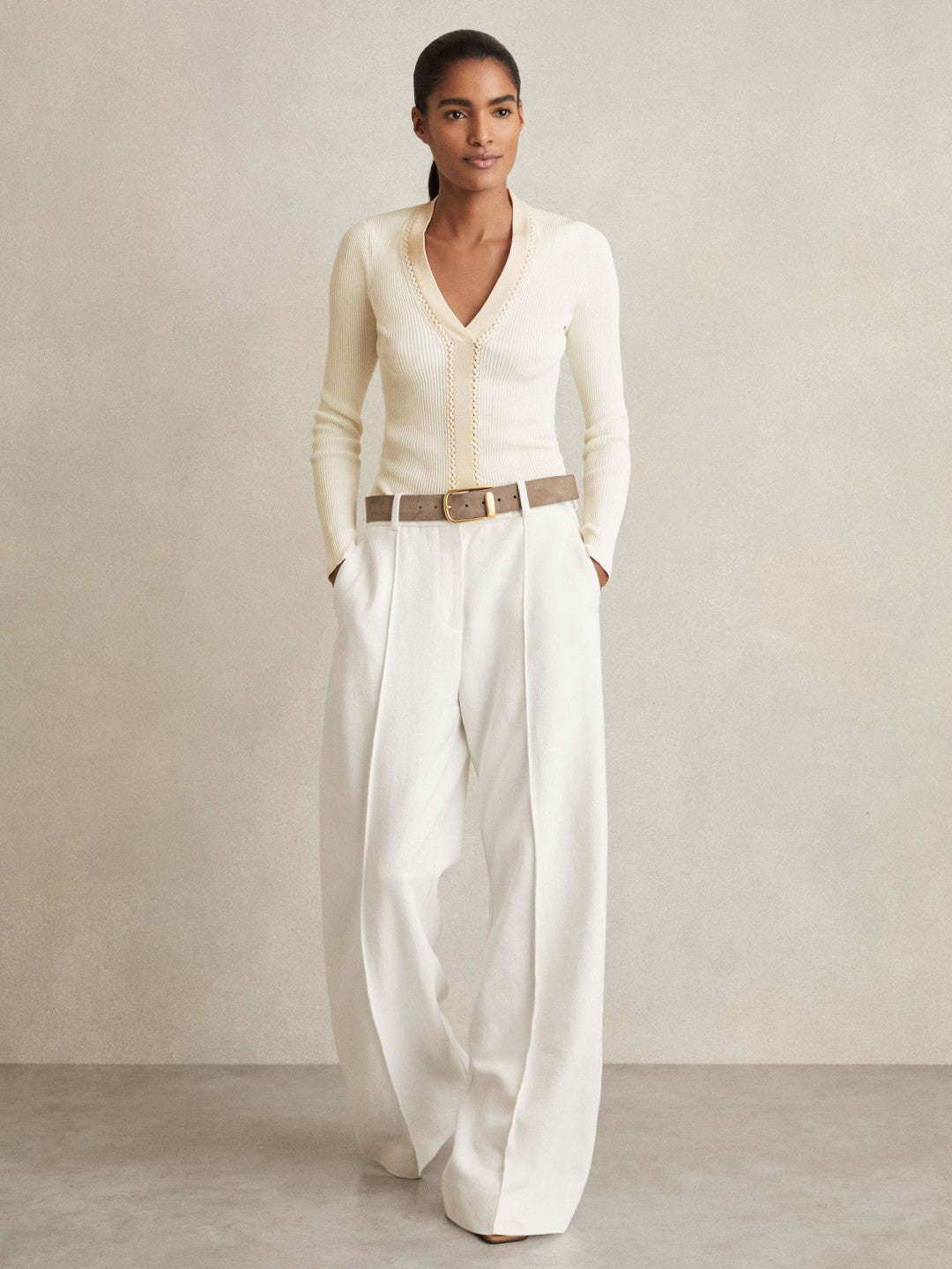 Craft-Stitch Rib-Knit Top in Ivory | Reiss Women Popular