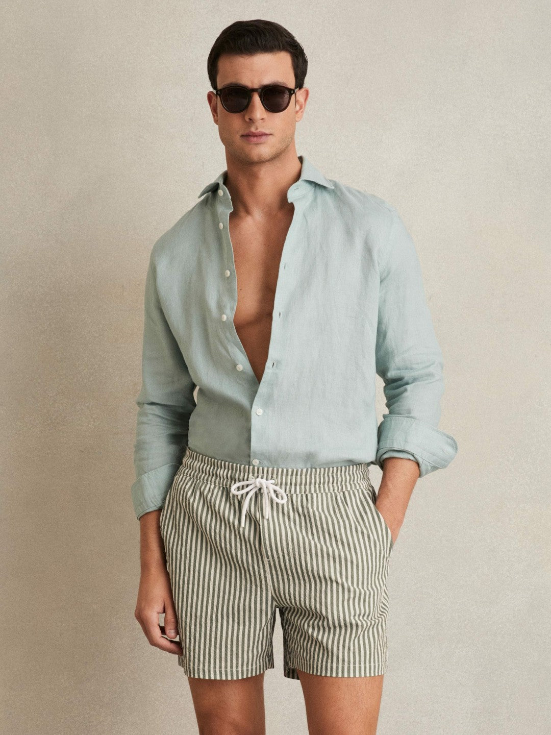 Seersucker Stripe Swim Shorts in Sage/White | Reiss Men New
