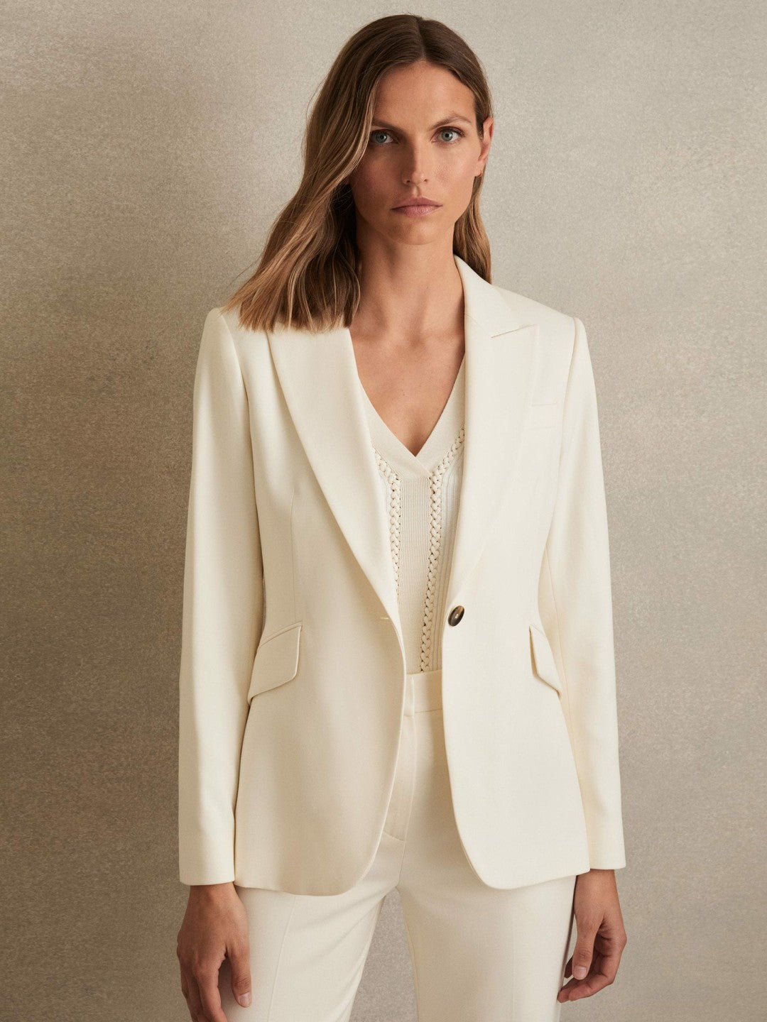 Single-Breasted Peak-Lapel Tailored Blazer in Cream | Reiss Women Best Seller