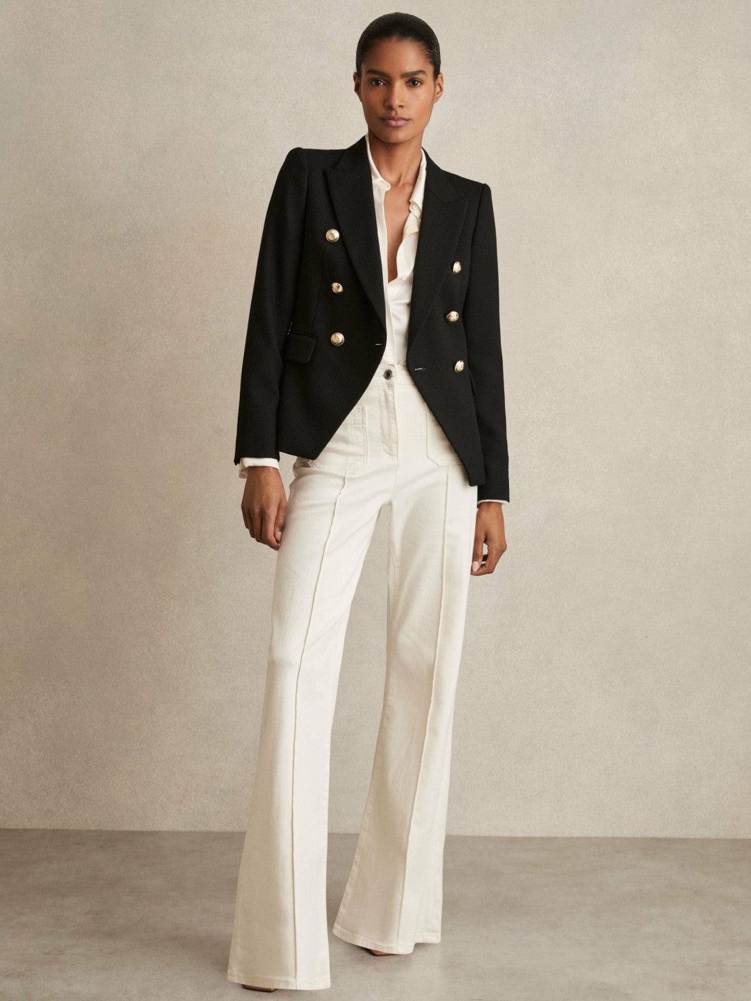 Petite Tailored Fit Textured Double Breasted Blazer in Black | Reiss Women Featured