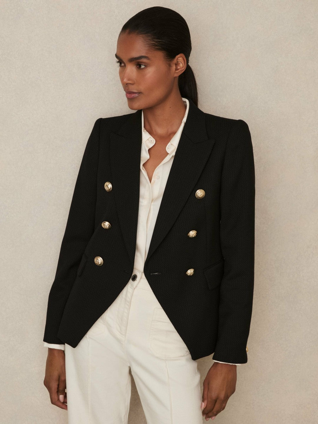 Petite Tailored Fit Textured Double Breasted Blazer in Black | Reiss Women Featured