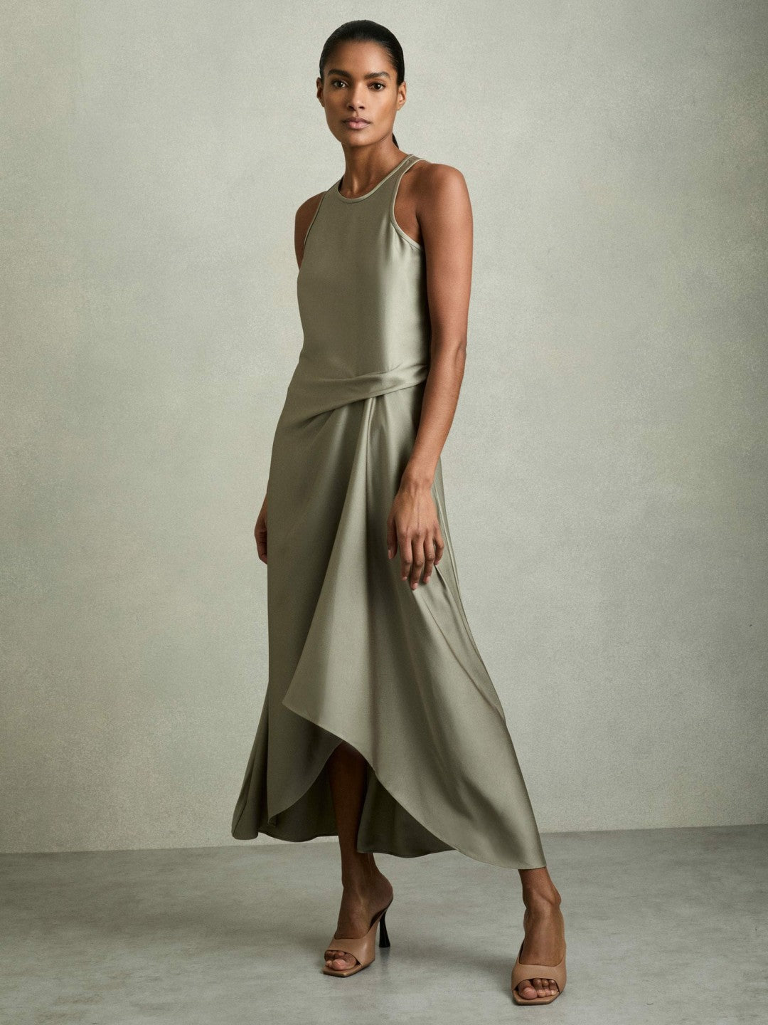 Satin Drape Tuck Midi Dress in Khaki | Reiss Women Trending
