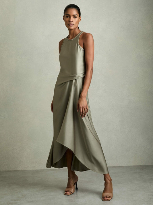 Satin Drape Tuck Midi Dress in Khaki | Reiss Women Trending