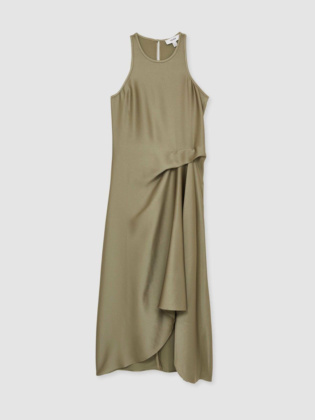 Satin Drape Tuck Midi Dress in Khaki | Reiss Women Trending
