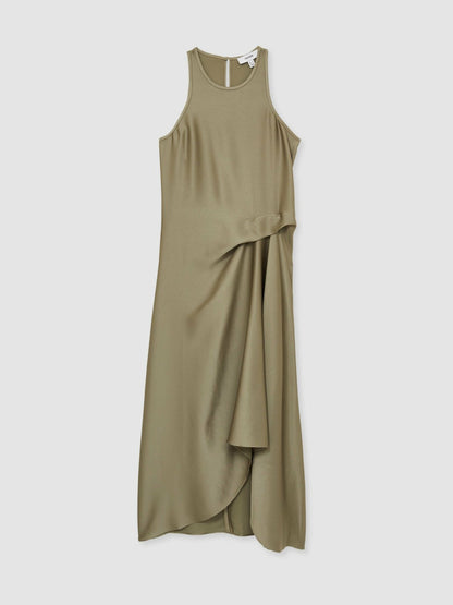 Satin Drape Tuck Midi Dress in Khaki | Reiss Women Trending